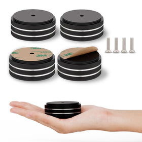 Monosaudio isolation feet aluminum mounted on a speaker for vibration reduction.