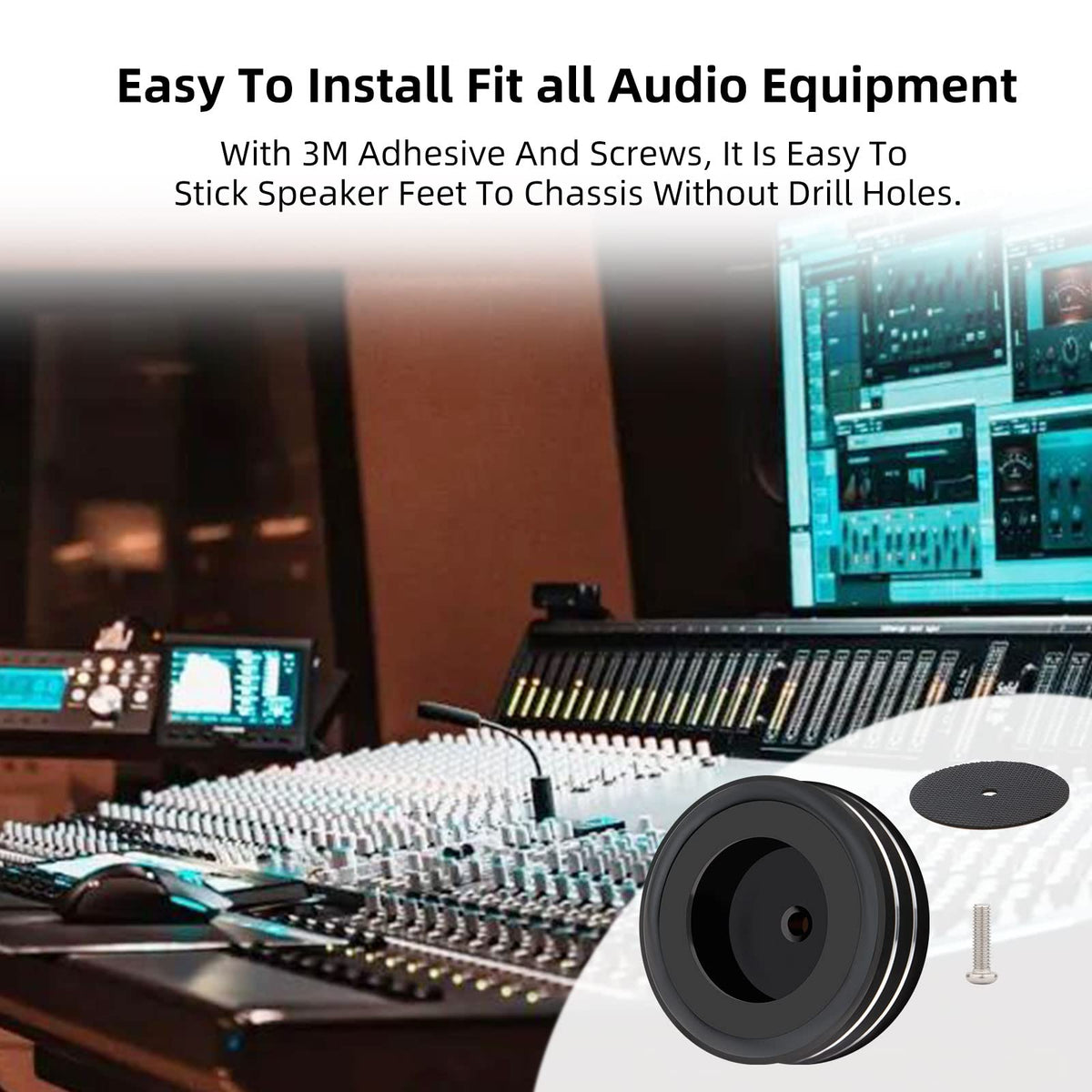 Monosaudio 58x22mm aluminum feet supporting heavy audio gear.