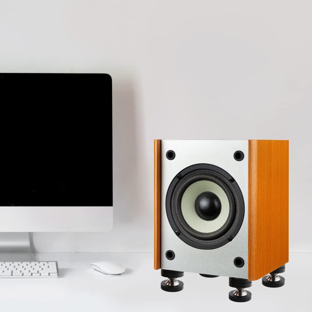 Monosaudio subwoofer scale comparison with spike feet, supports heavy equipment
