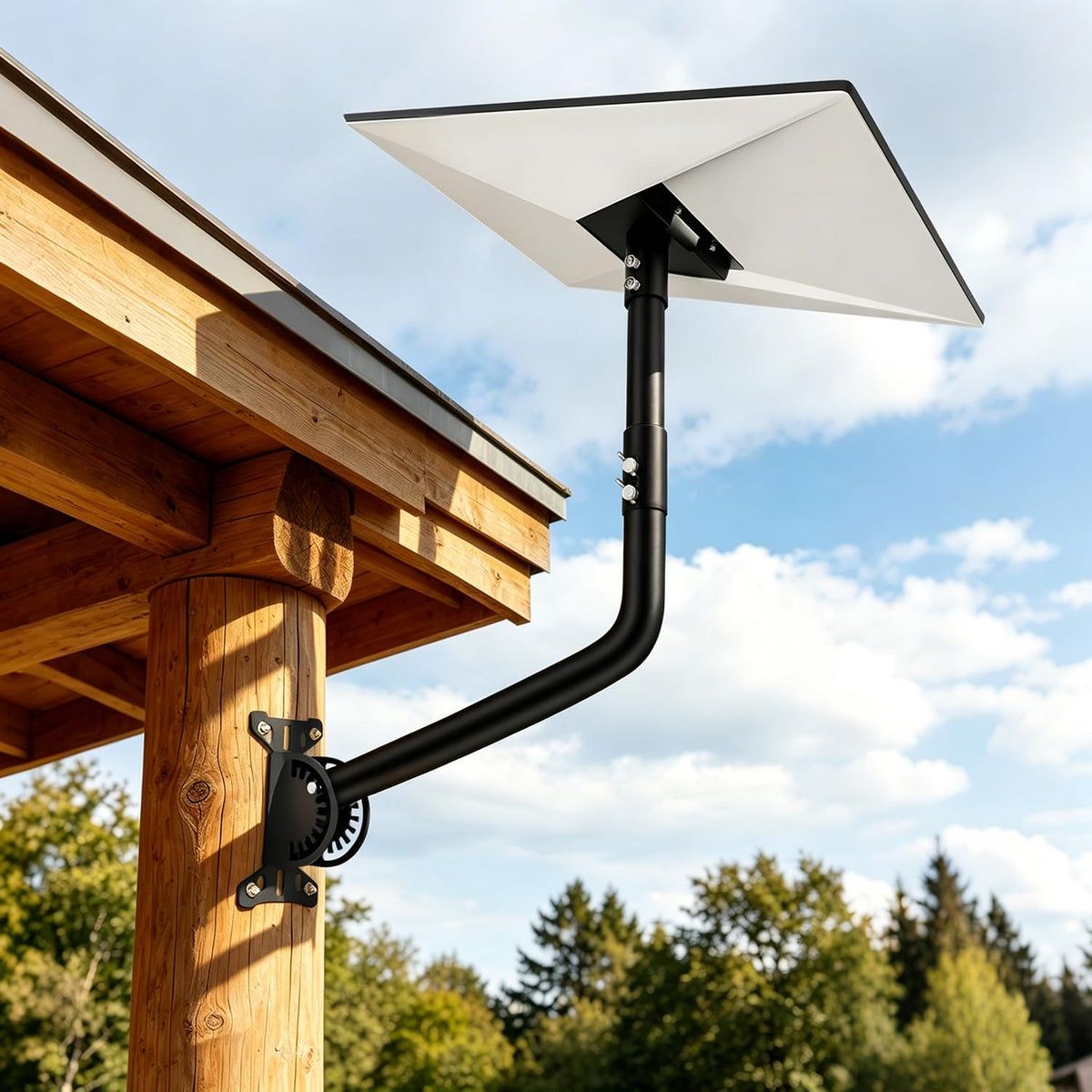 MONOJOY mounted under roof eave showing dish cleared for better line-of-sight