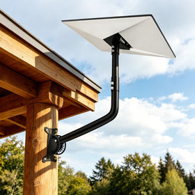 MONOJOY mounted under roof eave showing dish cleared for better line-of-sight