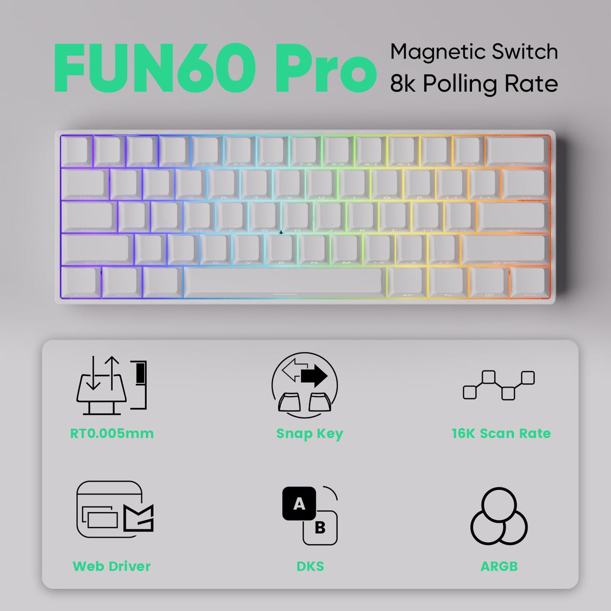 MONSGEEK close-up of keycaps highlighting legible shine-through legends and smooth typing surface benefit