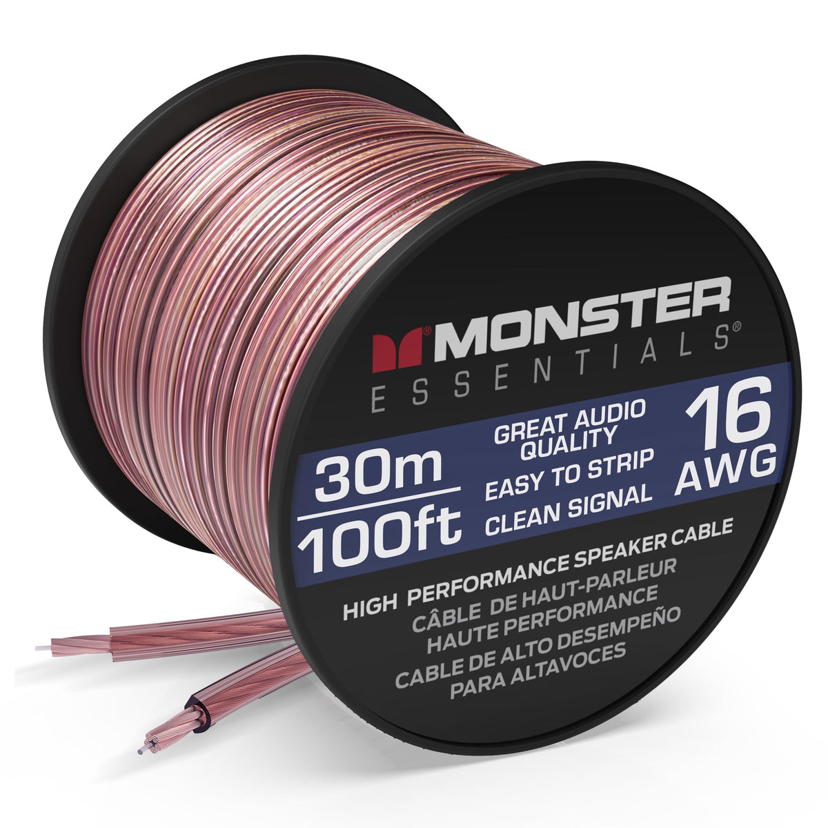 Monster 16AWG 100ft spool front view showing neat cable and label benefit reliability