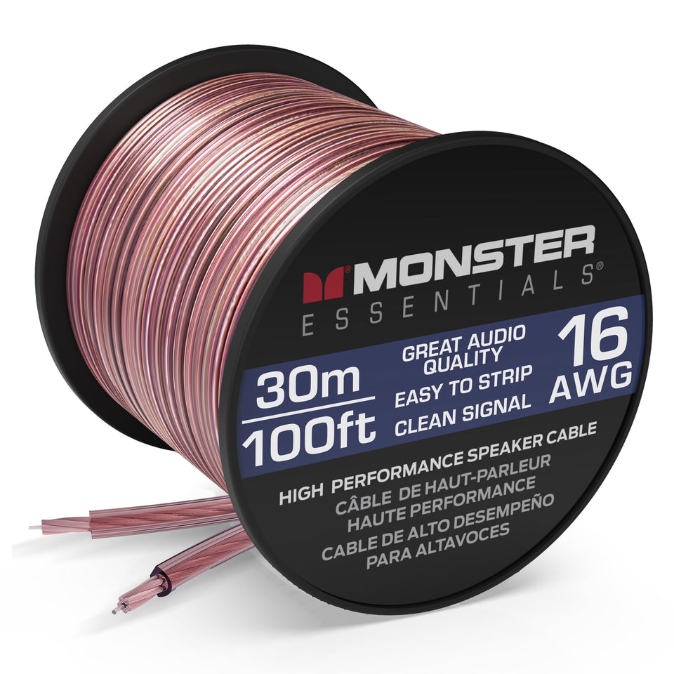 Monster 16AWG 100ft spool front view showing neat cable and label benefit reliability
