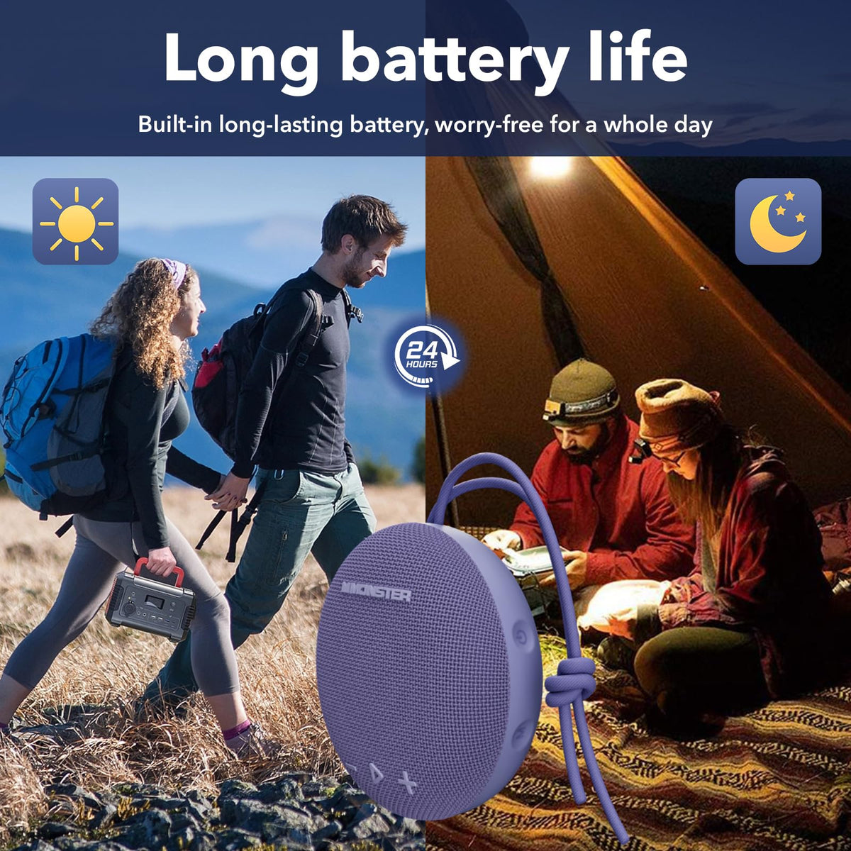 Monster 24h playtime battery supports long outdoor listening sessions outdoors.
