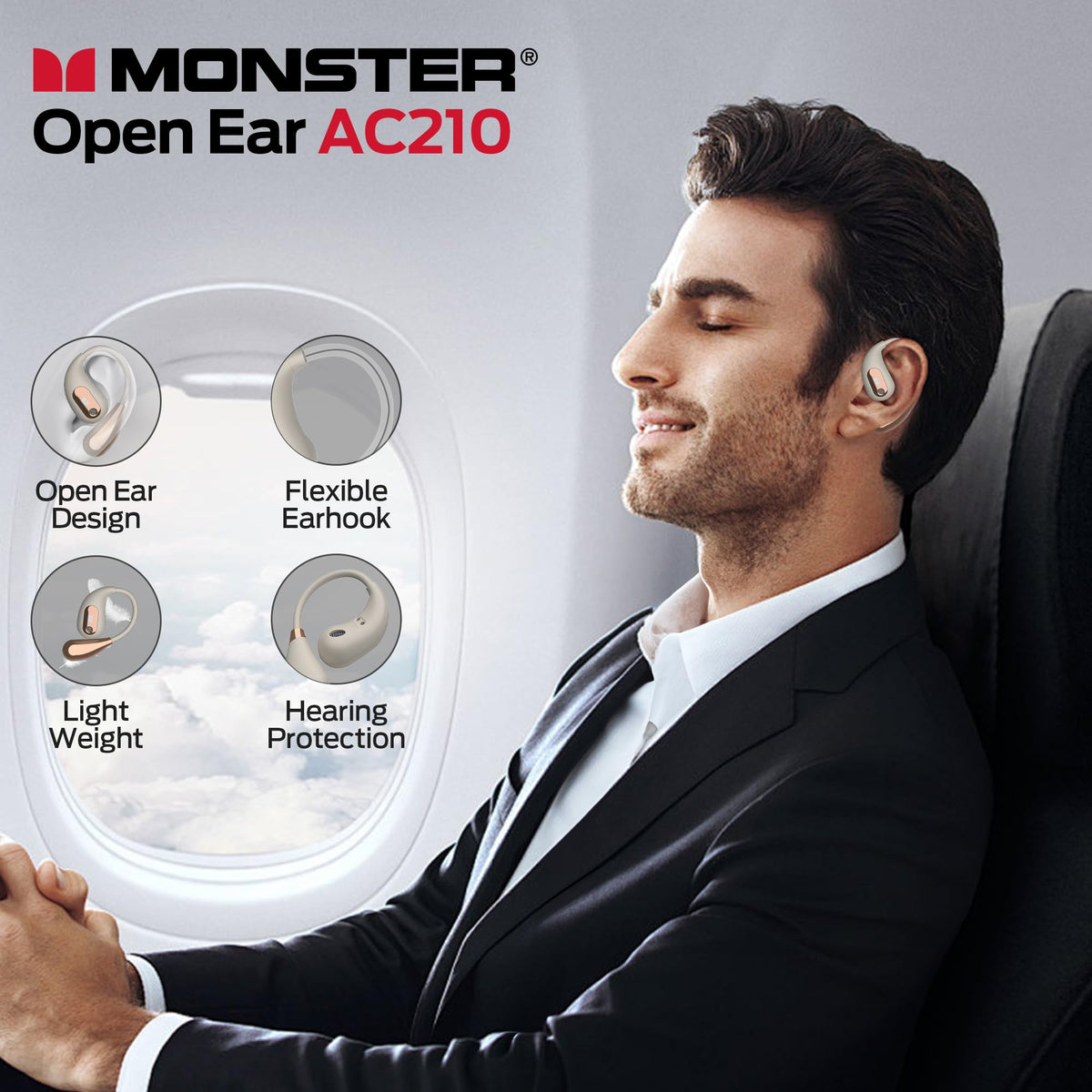 Monster AC210 open-ear headphones side view shows lightweight design for active use