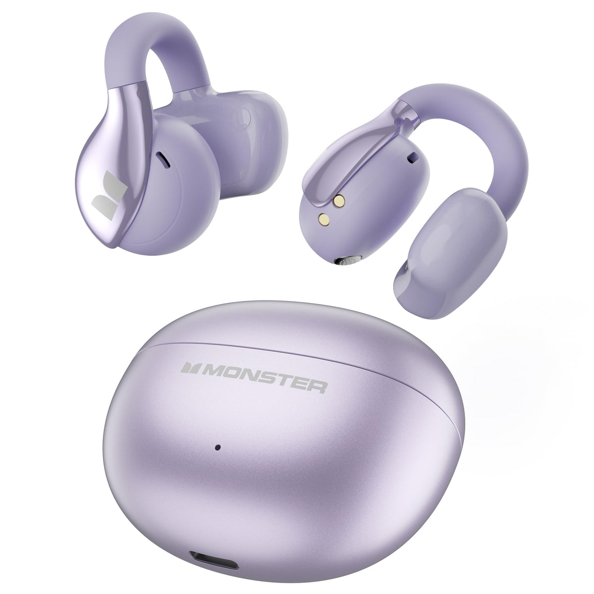 Monster AC225 front profile in purple showing clip-on fit and sleek finish for comfort