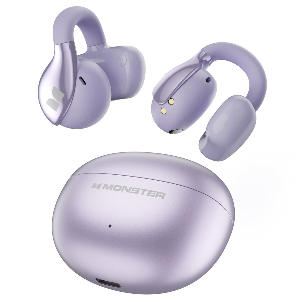Monster AC225 front profile in purple showing clip-on fit and sleek finish for comfort