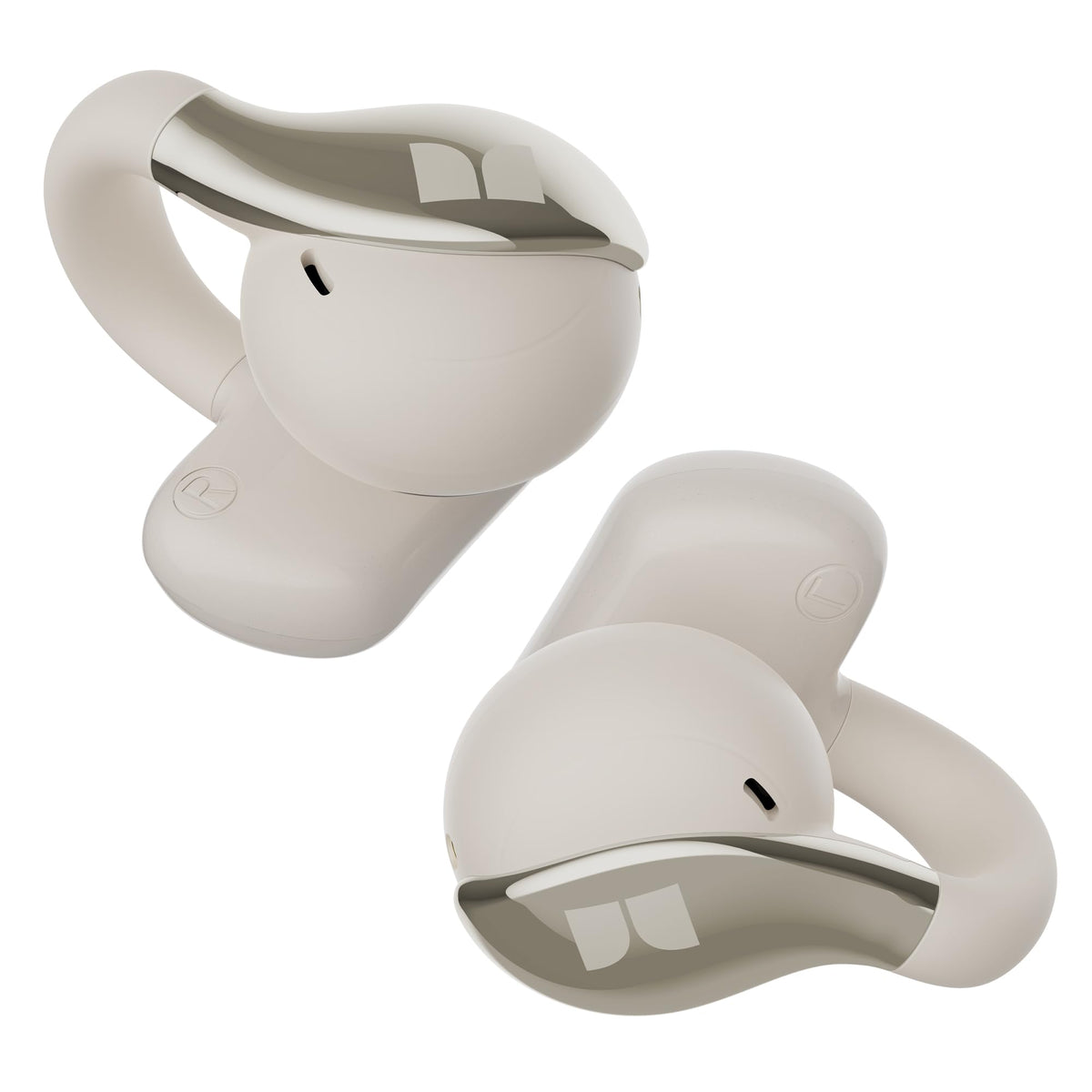Monster AC225 front view showing white clip-on earbuds and charging case benefit: clear stereo sound
