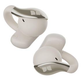 Monster AC225 front view showing white clip-on earbuds and charging case benefit: clear stereo sound