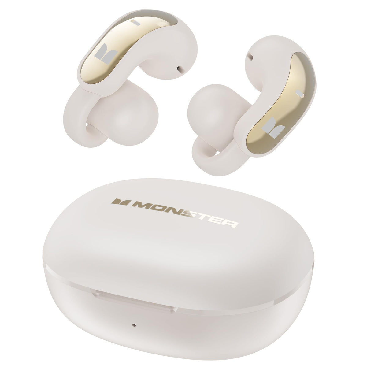 Monster AC228 front view showing sleek white clip-on design and easy controls