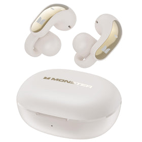 Monster AC228 front view showing sleek white clip-on design and easy controls