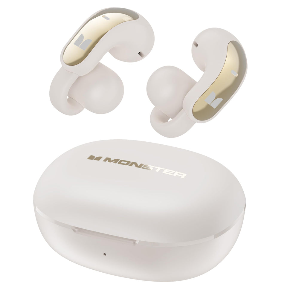 Monster AC228 front view showing sleek white clip-on design and easy controls