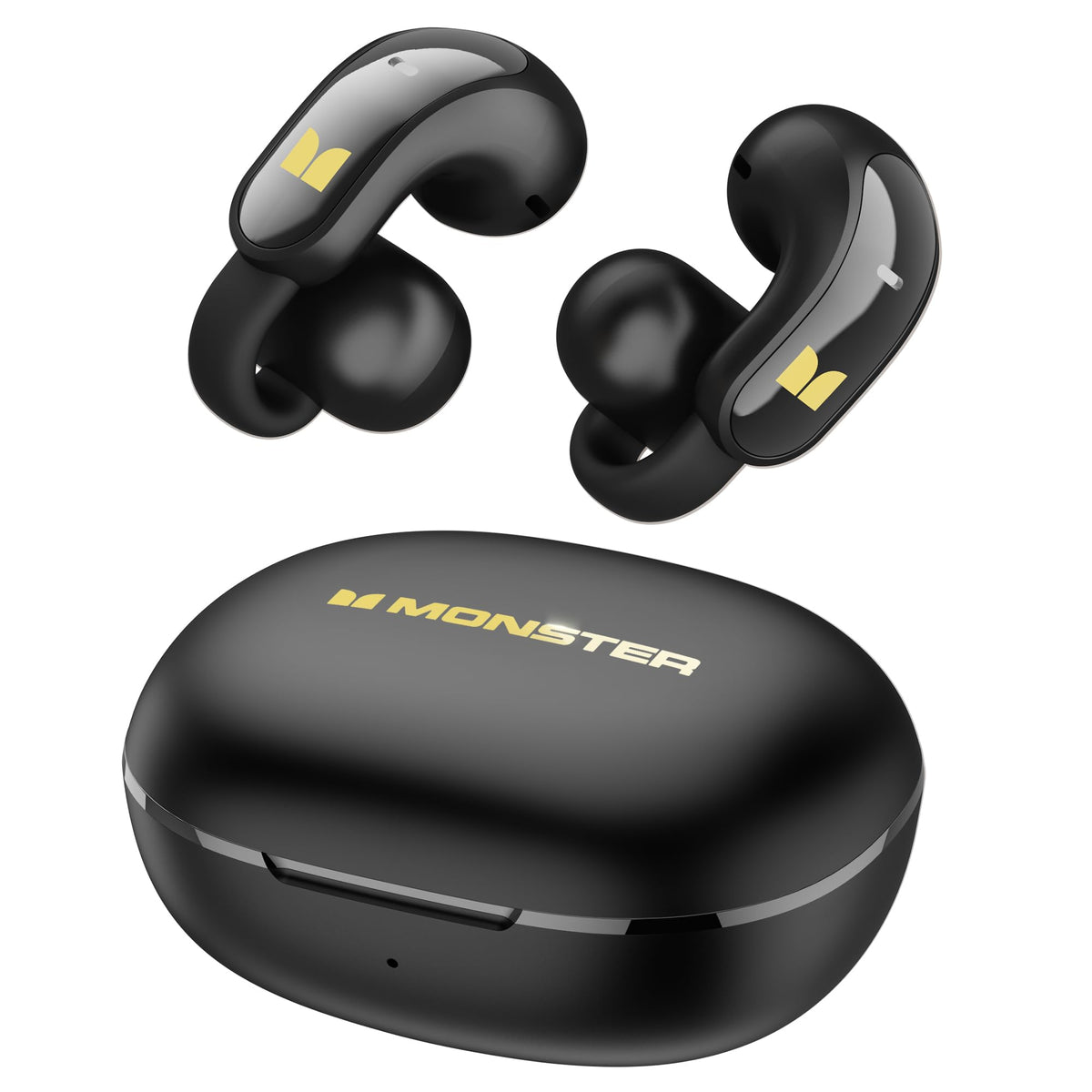 Monster AC228 front view showing clip-on design and sleek black finish for comfortable wear