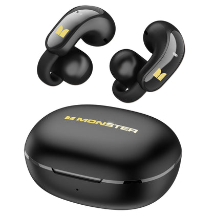 Monster AC228 front view showing clip-on design and sleek black finish for comfortable wear