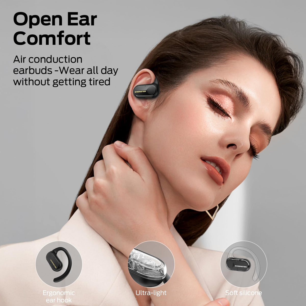 Monster AC312 side profile on ear illustrating secure sport fit