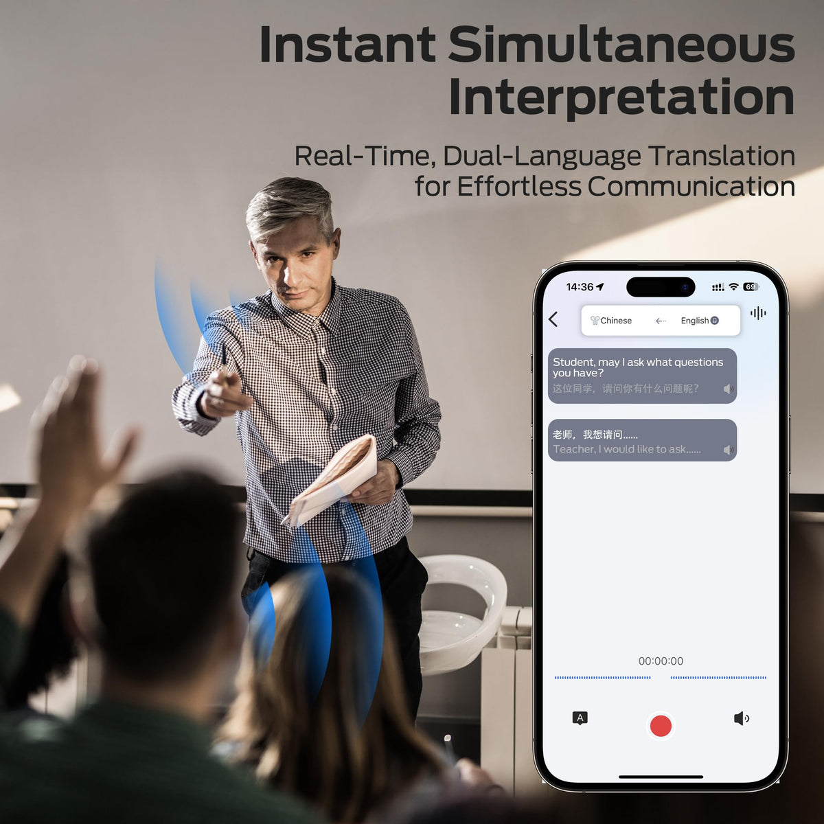 Monster AC330 in use with person translating conversation for instant multilingual communication