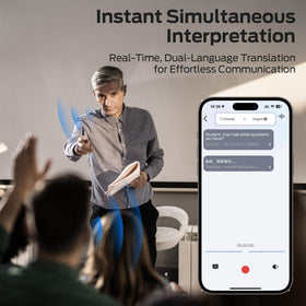 Monster AC330 in use with person translating conversation for instant multilingual communication