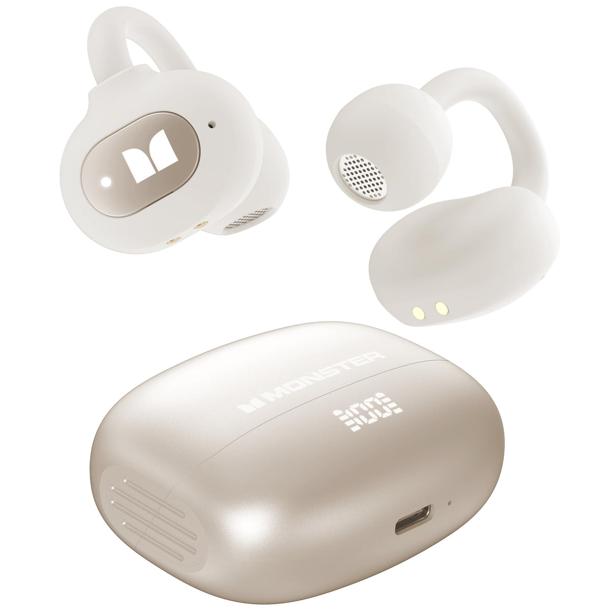 Monster AC339 front view showing beige earbuds and clear form for comfortable wear