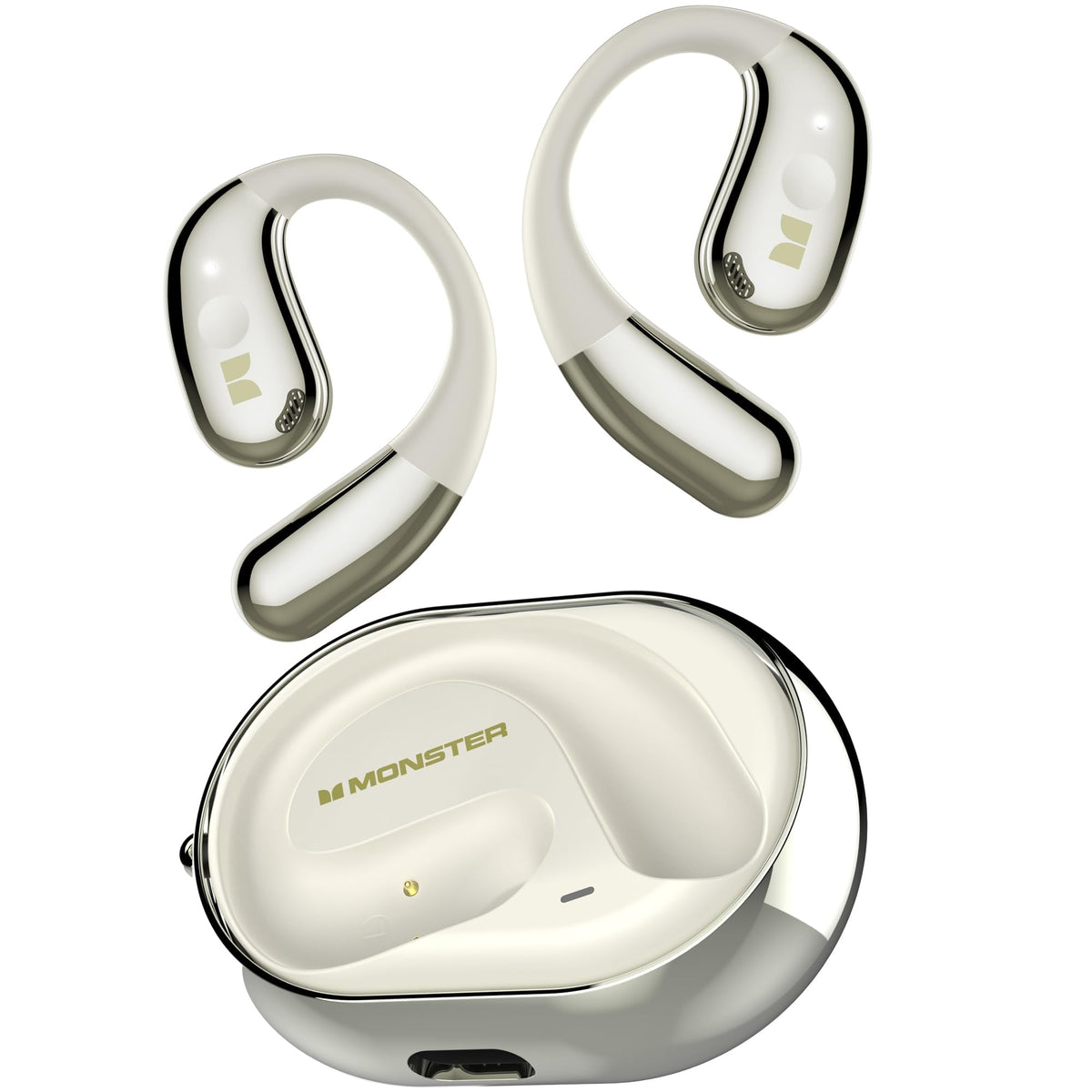 Monster AC360 front view showing open-ear design and comfortable fit benefit