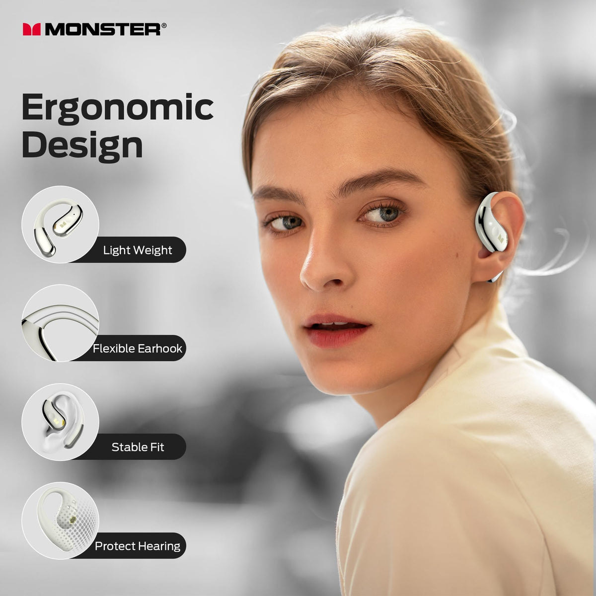 Monster AC360 touch control closeup showing easy on-device playback and call control