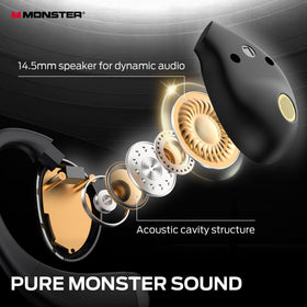 Monster AC520 side profile of open-ear earbuds highlighting comfortable fit and awareness benefit