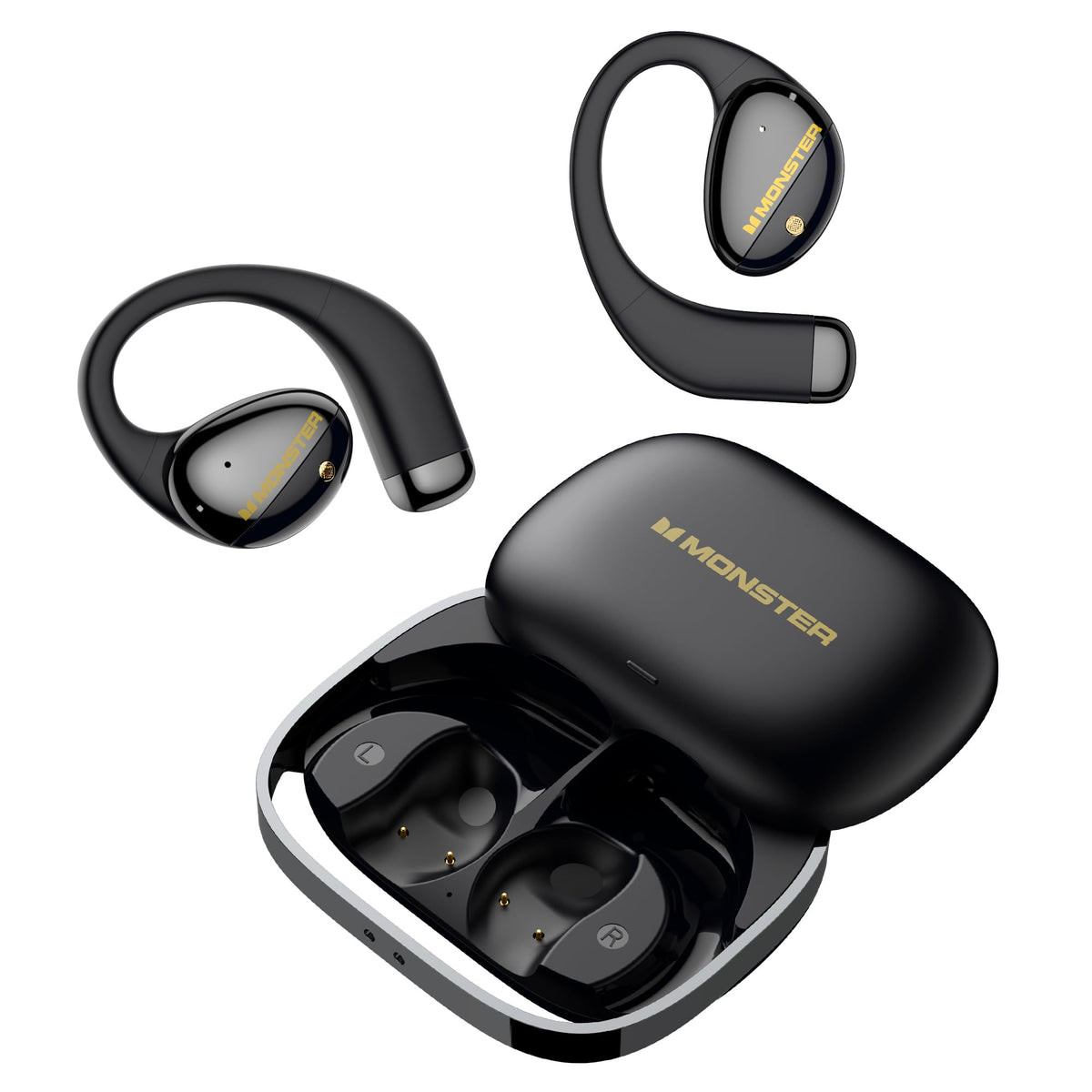 Monster AC520 front view with open handbag case showing earbuds and charging benefit