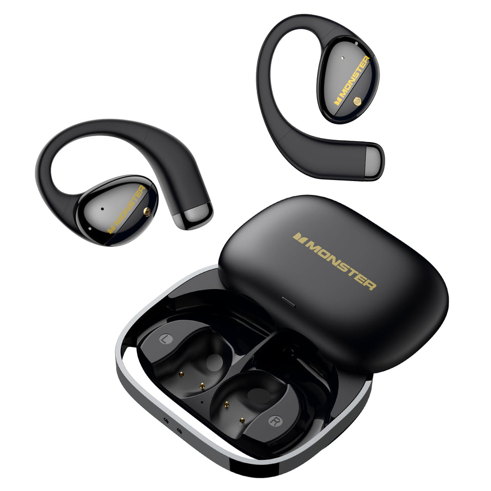 Monster AC520 front view with open handbag case showing earbuds and charging benefit