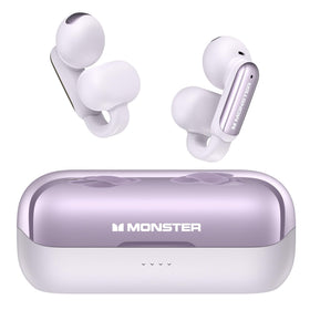 Monster AC601 open-ear purple clip-on earbuds worn for all-day comfort