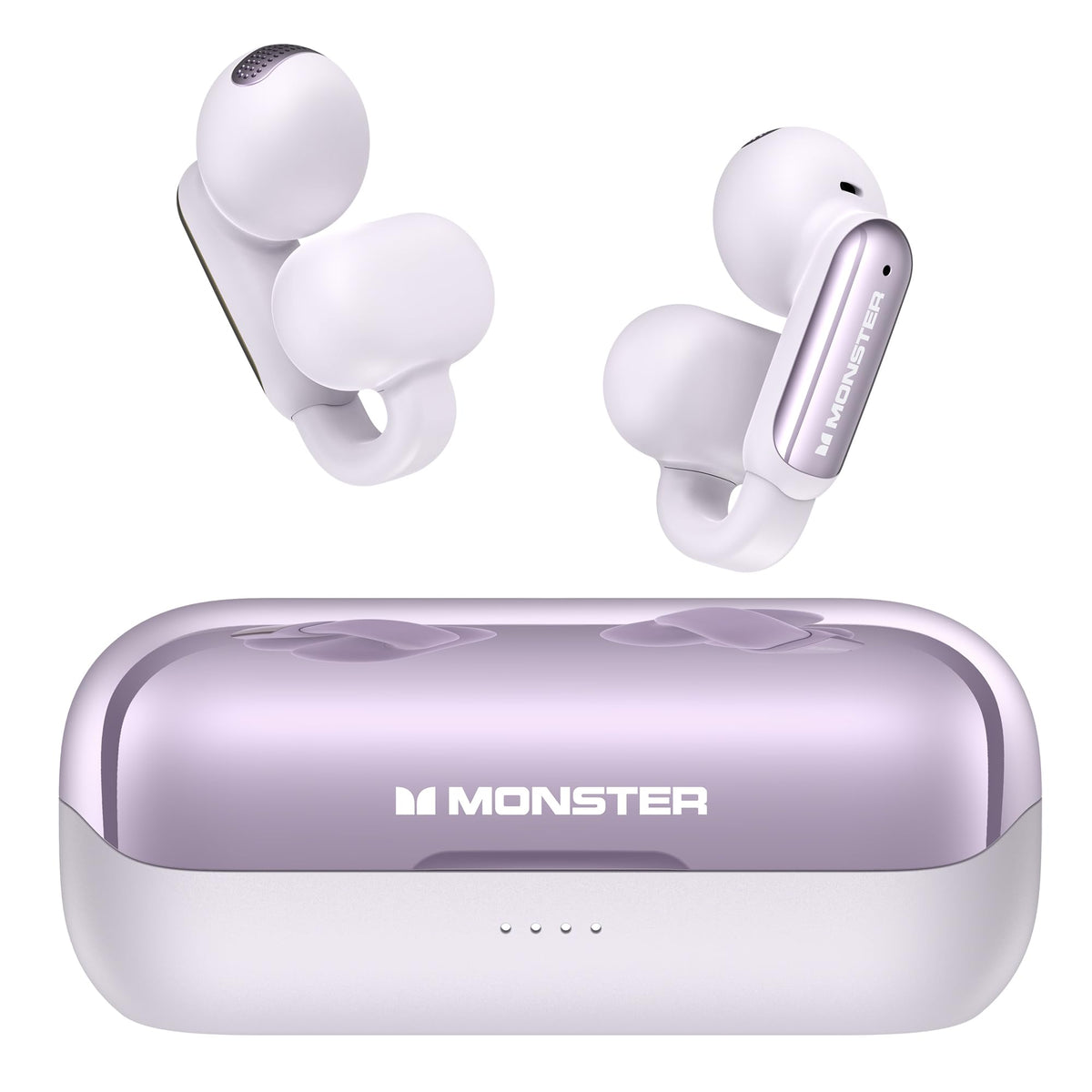 Monster AC601 open-ear earbuds in purple offering immersive sound for outdoor listening