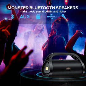 Monster Adventurer Max box contents including speaker, cables, and Baldric strap.
