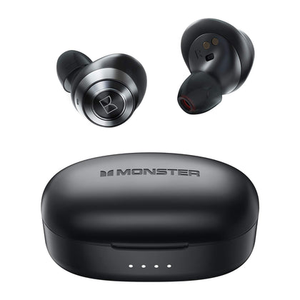 Monster front view of earbuds and case showing compact design and portability benefit