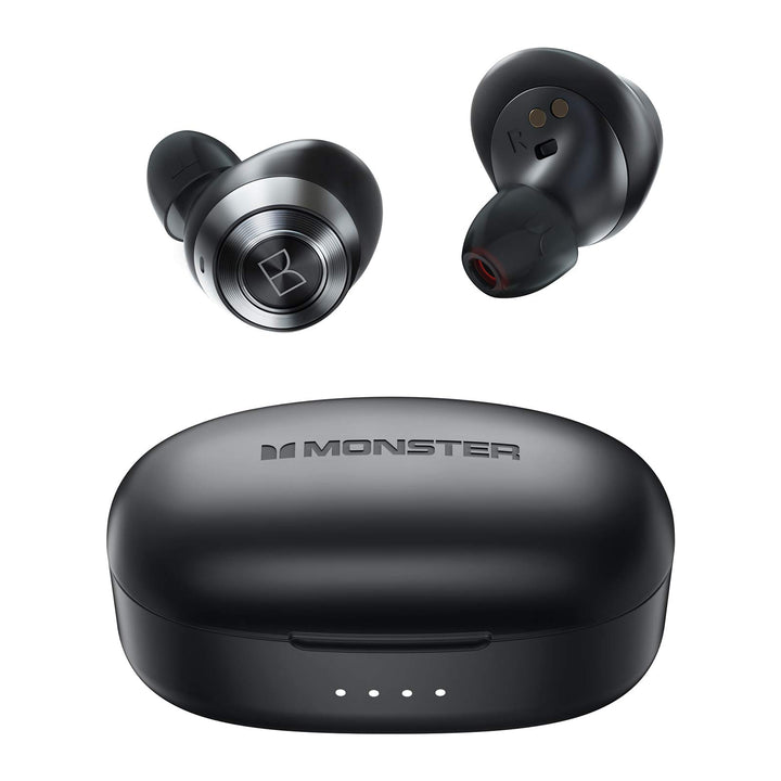 Monster front view of earbuds and case showing compact design and portability benefit
