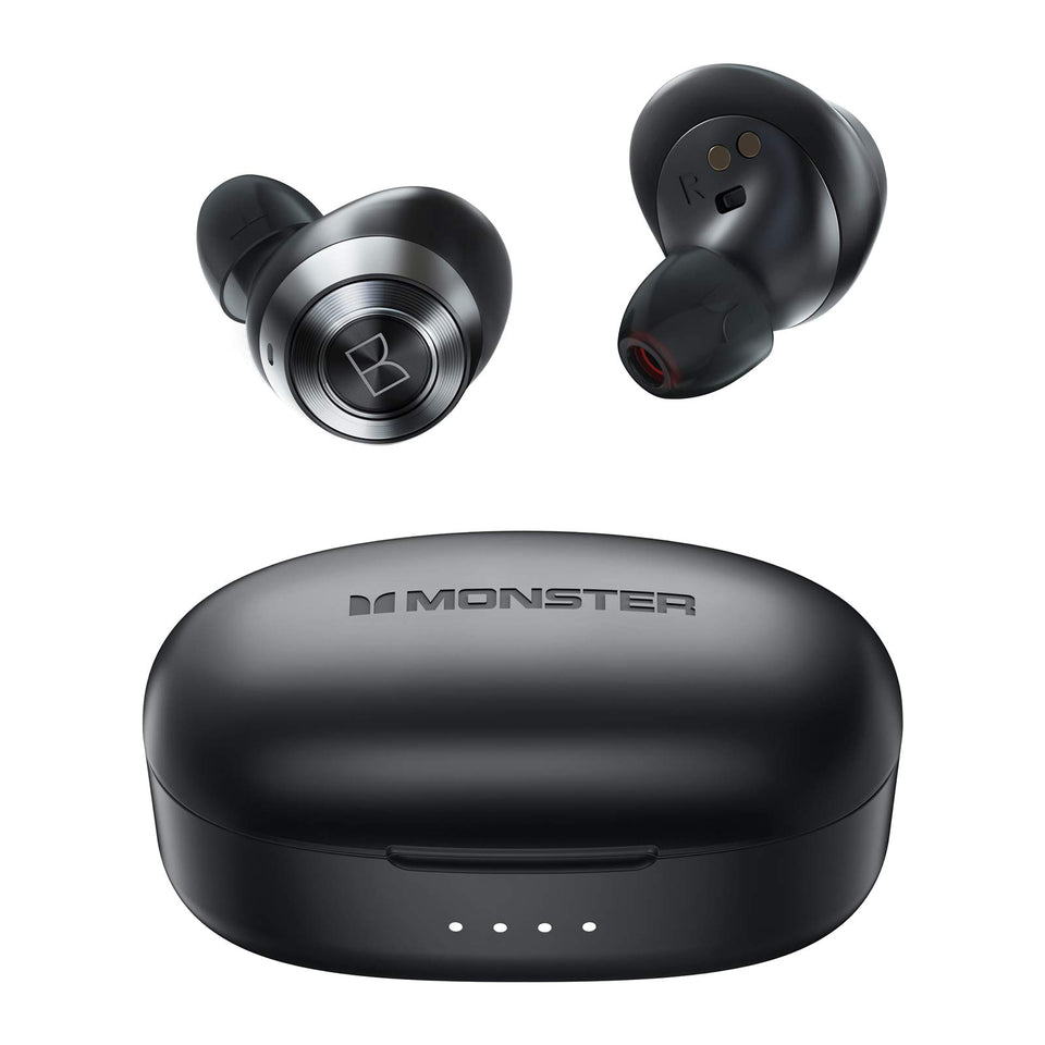 Monster front view of earbuds and case showing compact design and portability benefit