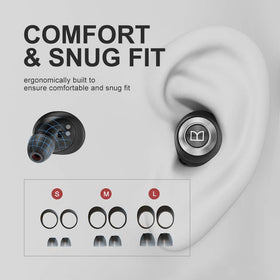 Monster earbuds worn by runner outdoors showing water-resistant benefit during workouts