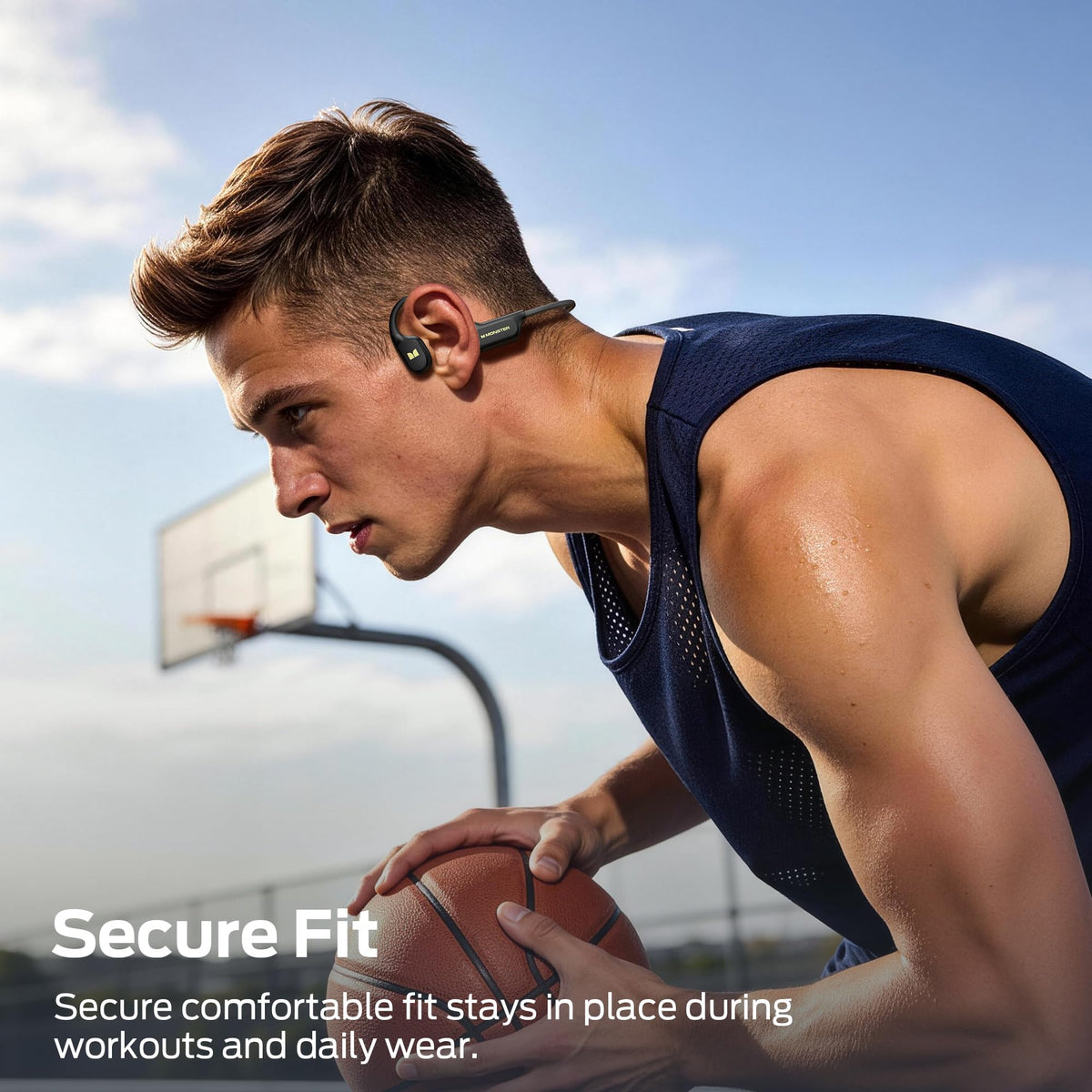 Monster BC300 close-up of bone conduction transducer delivering clear audio without ear canal plugs