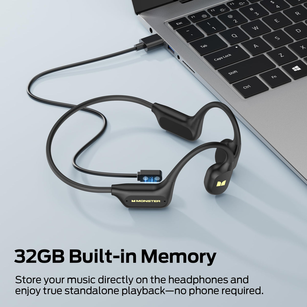 Monster BC300 next to USB cable showing 32GB MP3 storage for phone-free music