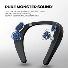 Monster Boomerang neckband demonstrates 3D sound for immersive home listening.