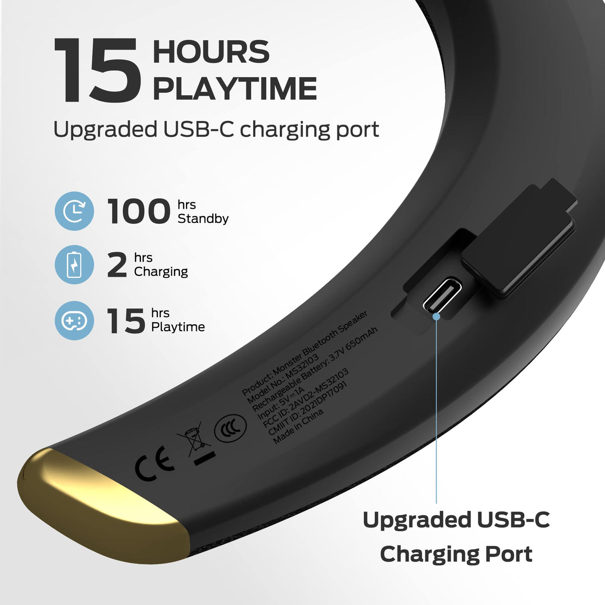 Monster Boomerang Petite battery icon highlights up to 15 hours.