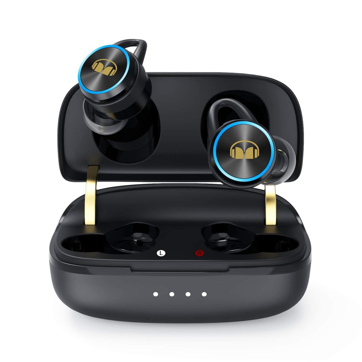 Monster Clarity 101Plus front view showing earbuds and case, clear design benefit
