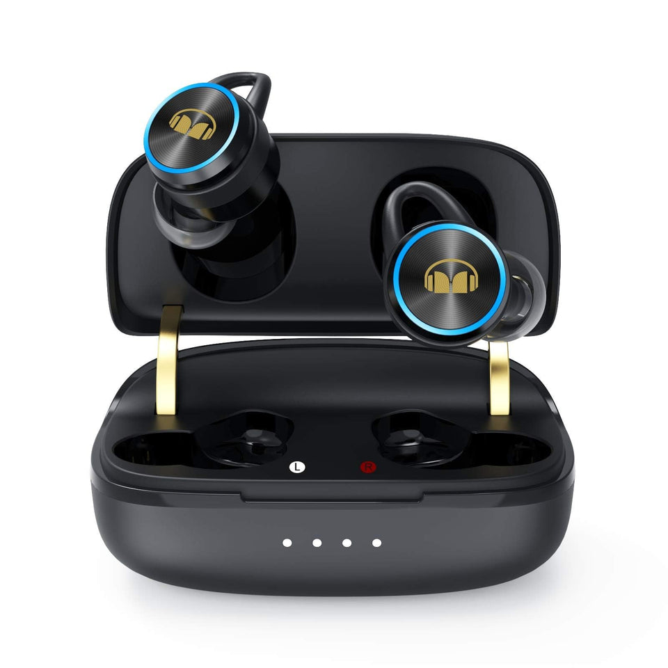 Monster Clarity 101Plus front view showing earbuds and case, clear design benefit
