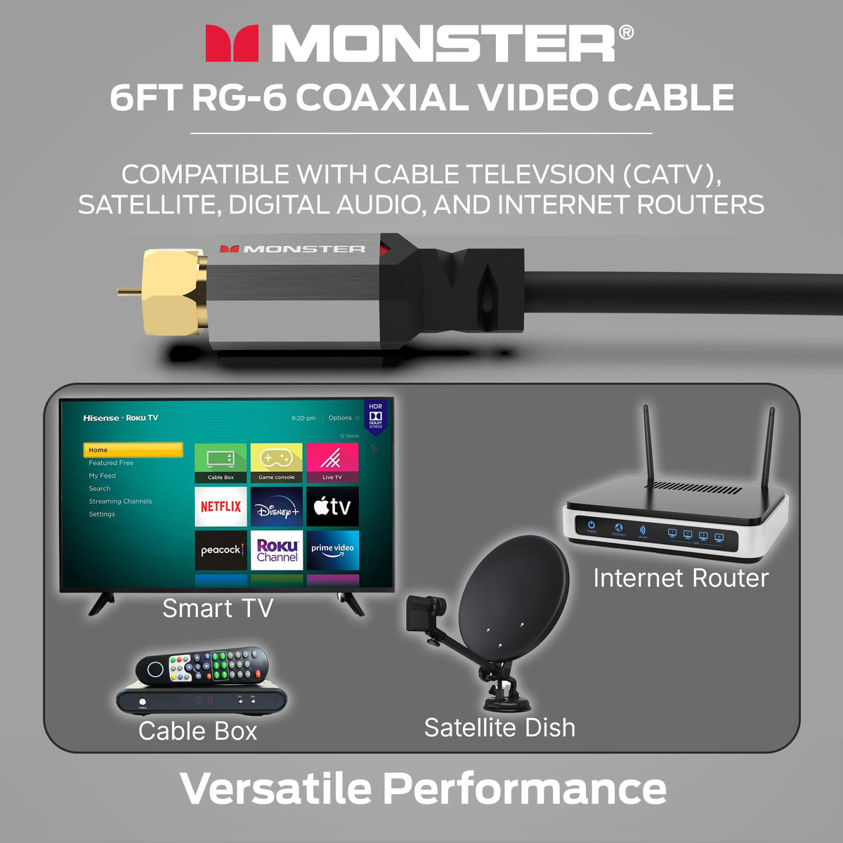 Monster Essentials 6ft length supports flexible placements and quick setups.
