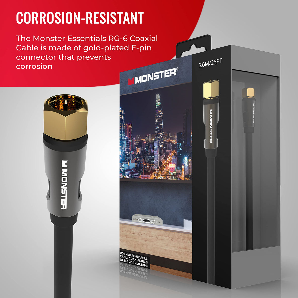Duraflex jacket on Monster Essentials coax cable enables flexible routing around corners