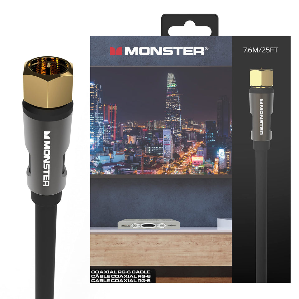 Monster Essentials RG-6 coax cable with gold-plated F-pin for stable signal transmission
