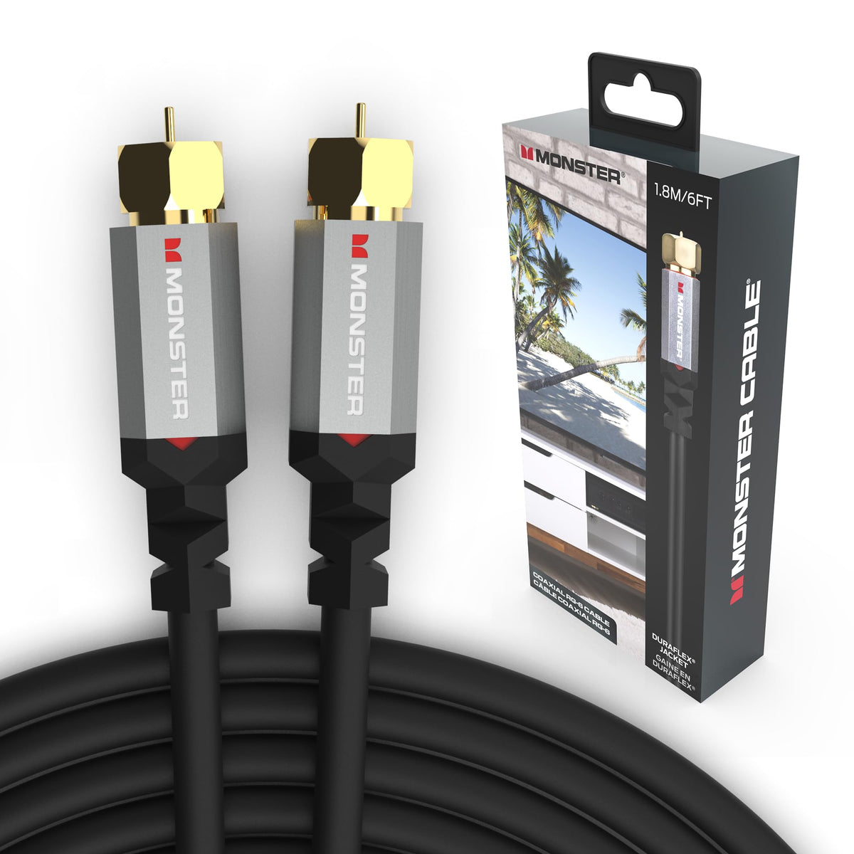 Monster Essentials RG-6 coax cable with gold-plated F-pin for stable signal transmission.