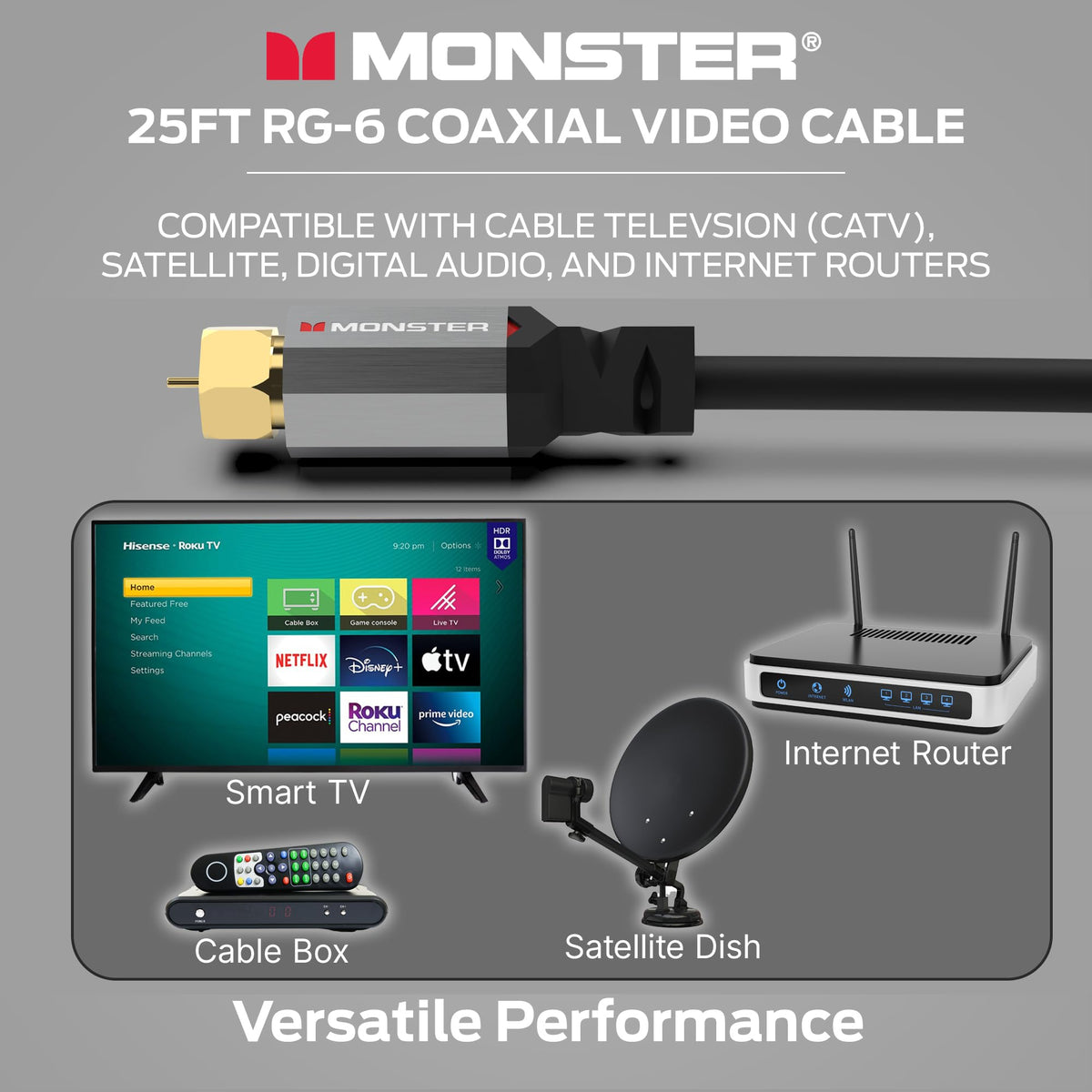 Twenty-five-foot Monster Essentials RG-6 cable length for versatile placement