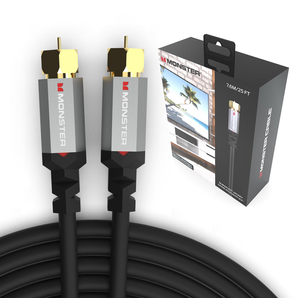 Monster Essentials RG-6 coax cable with gold-plated F-pin for stable signal delivery
