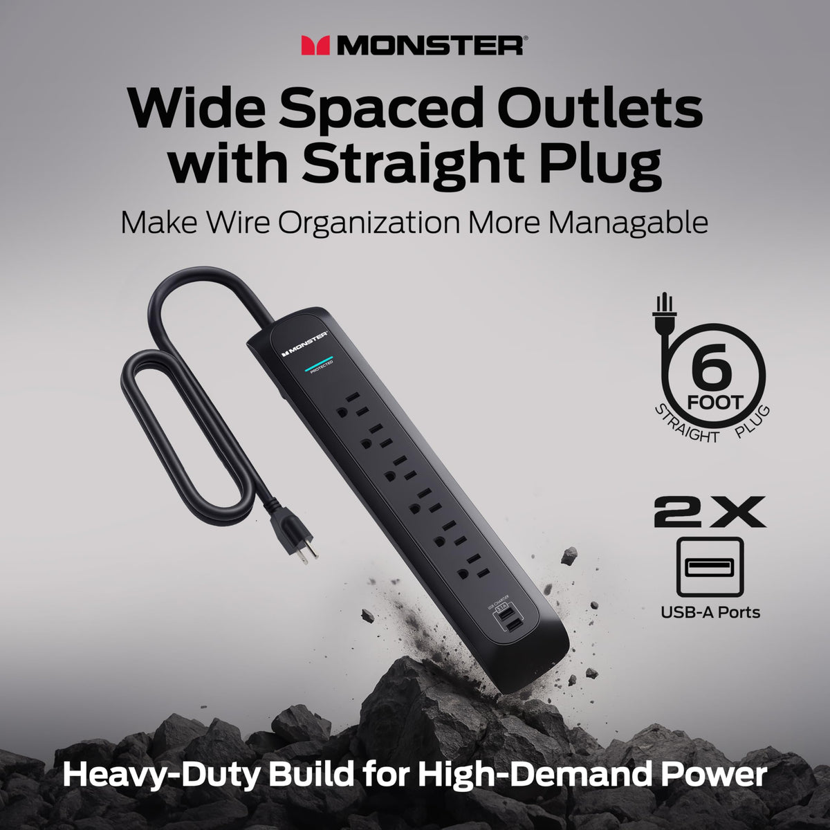 Monster angled plug detail snug against wall for space-saving placement
