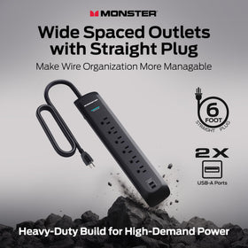 Monster angled plug detail snug against wall for space-saving placement