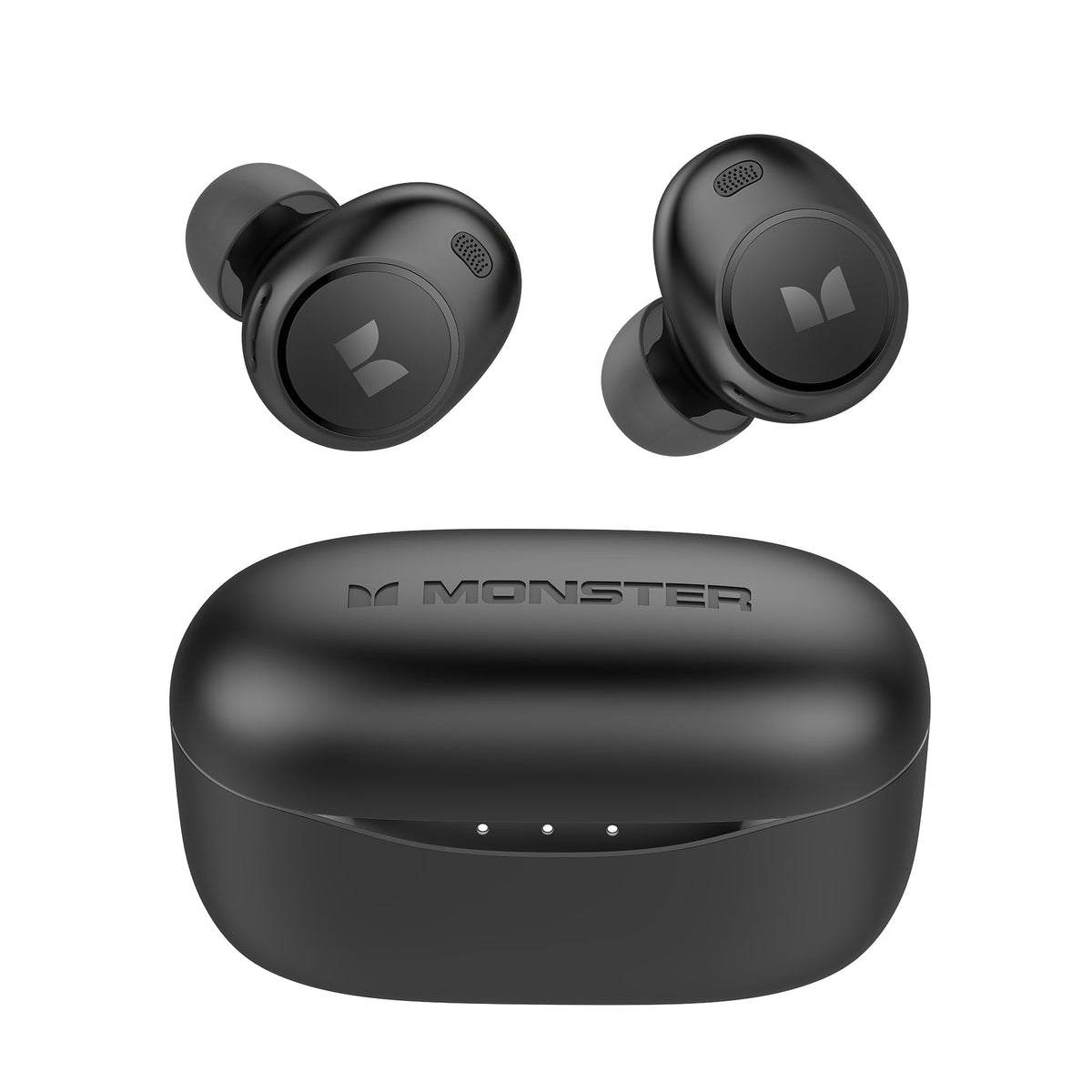 Monster front view of earbuds and case showing sleek design and portability